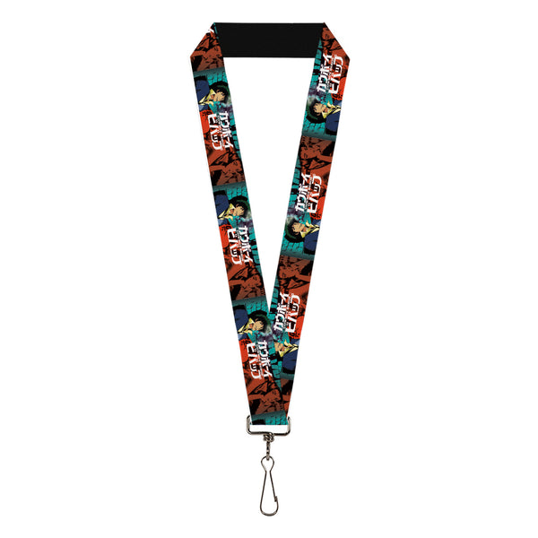 Buckle-Down Lanyard - 1.0" - COWBOY BEBOP Spike and Faye Brick Pose and Title Logo Blues/Reds