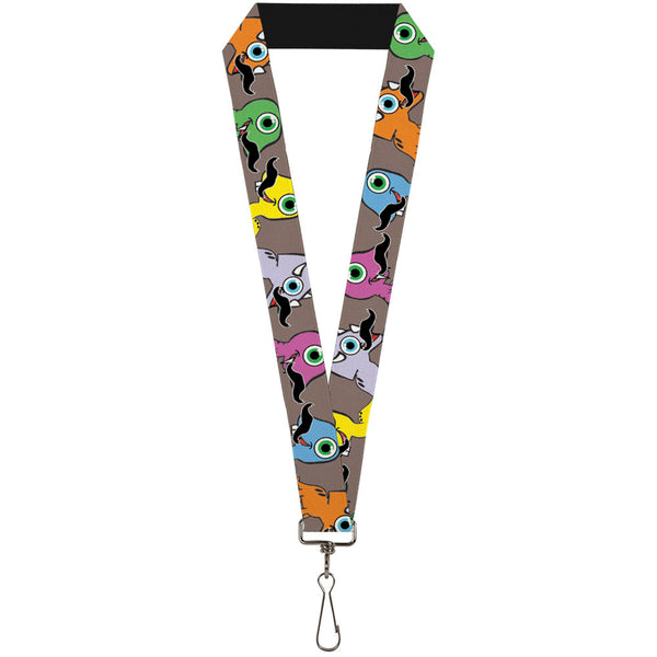 Buckle-Down Lanyard - 1.0" - Cute Dinosaurs w Mustaches Gray