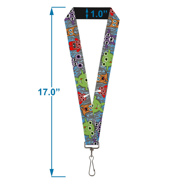 Buckle-Down Lanyard - 1.0" - Cute Monsters Gray Flame Blue