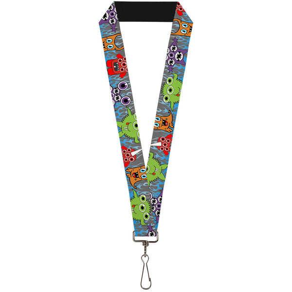 Buckle-Down Lanyard - 1.0" - Cute Monsters Gray Flame Blue