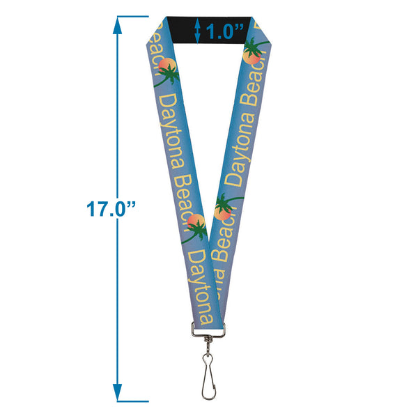 Buckle-Down Lanyard - 1.0" - DAYTON BEACH Script Sun Palm Trees Blue Fade Yellow Oranges Green