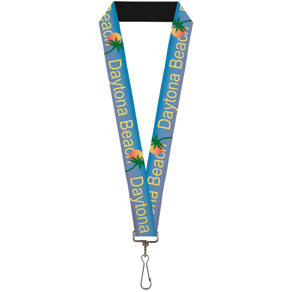 Buckle-Down Lanyard - 1.0" - DAYTON BEACH Script Sun Palm Trees Blue Fade Yellow Oranges Green