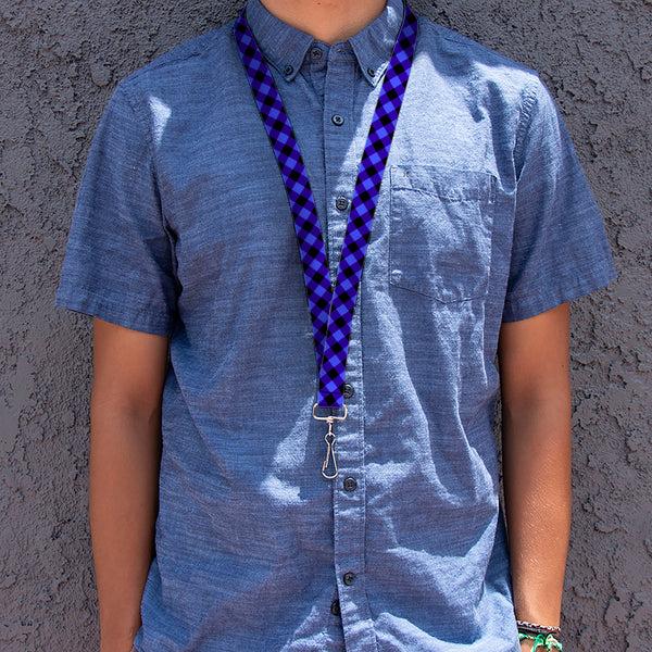 Buckle-Down Lanyard - 1.0" - Diagonal Buffalo Plaid Black Blue