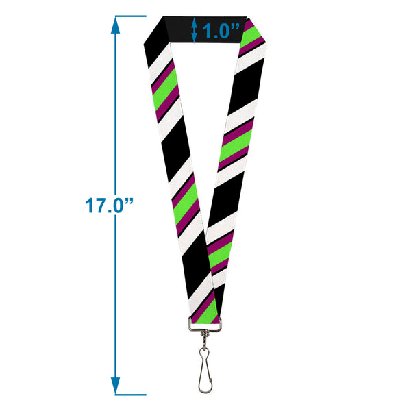 Buckle-Down Lanyard - 1.0" - Diagonal Stripes Black White Pink Green