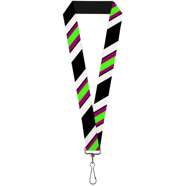 Buckle-Down Lanyard - 1.0" - Diagonal Stripes Black White Pink Green