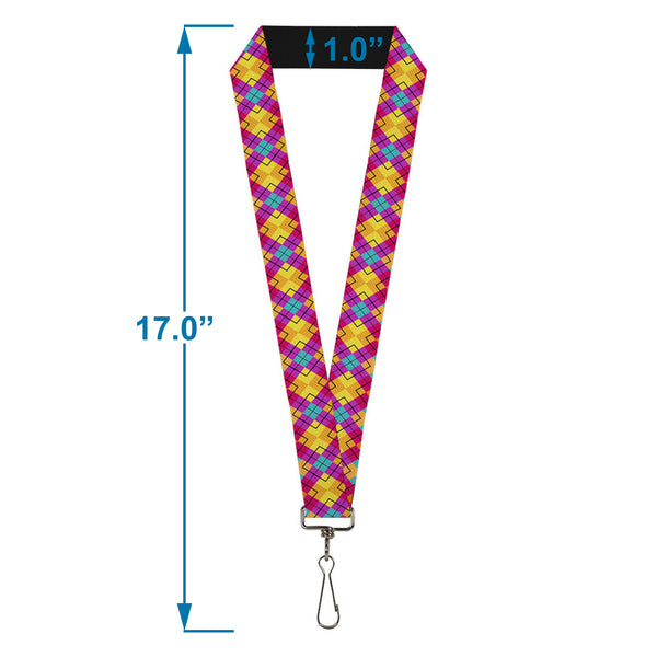 Buckle-Down Lanyard - 1.0" - Diamond Plaid Orange Yellow Blue Purple Fuchsia