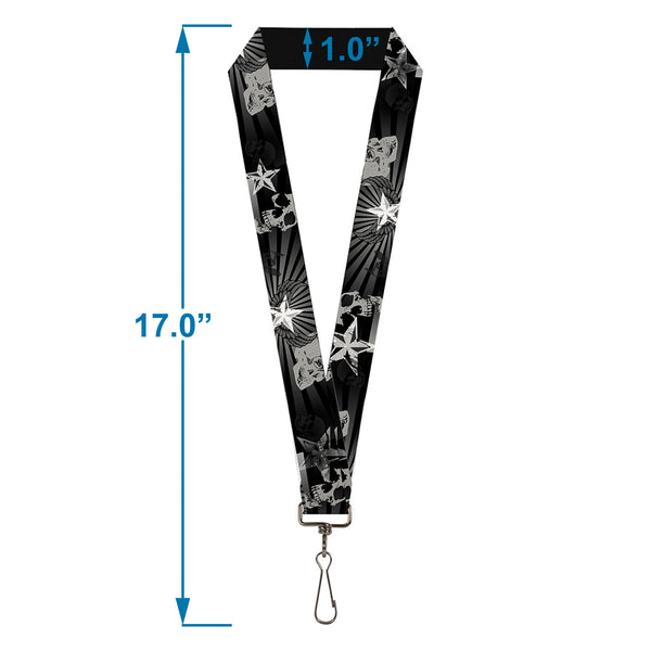Buckle-Down Lanyard - 1.0" - Die Hard Skulls & Stars1 Black Grays