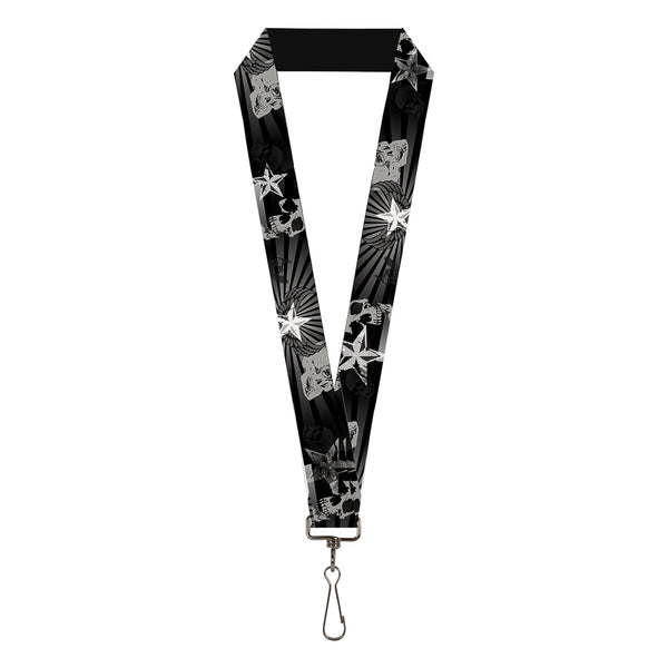 Buckle-Down Lanyard - 1.0" - Die Hard Skulls & Stars1 Black Grays