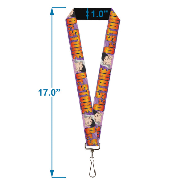 Buckle-Down Lanyard - 1.0" - DR. STONE Title Logo And Gen Asagiri Face Purples
