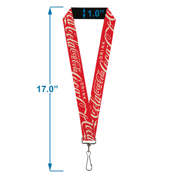 Buckle-Down Lanyard - 1.0" - DRINK COCA-COLA Typograpy Logo Scattered Red/White
