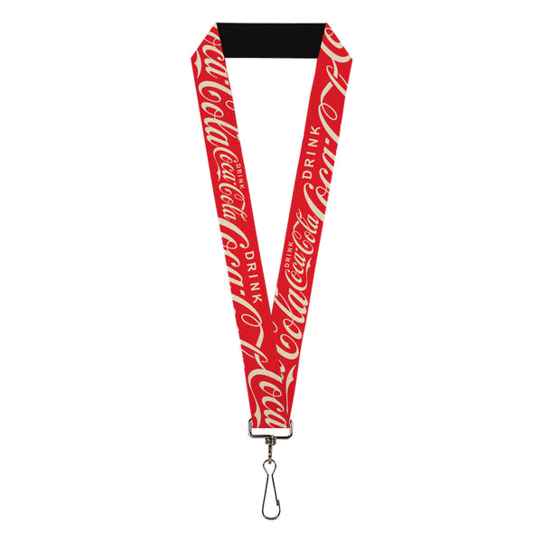 Buckle-Down Lanyard - 1.0" - DRINK COCA-COLA Typograpy Logo Scattered Red/White