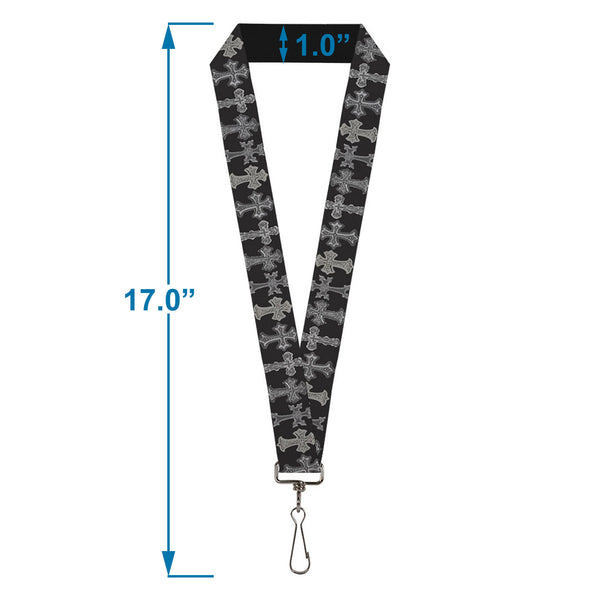 Buckle-Down Lanyard - 1.0" - Elegant Crosses Black Grays