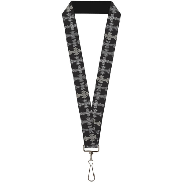 Buckle-Down Lanyard - 1.0" - Elegant Crosses Black Grays
