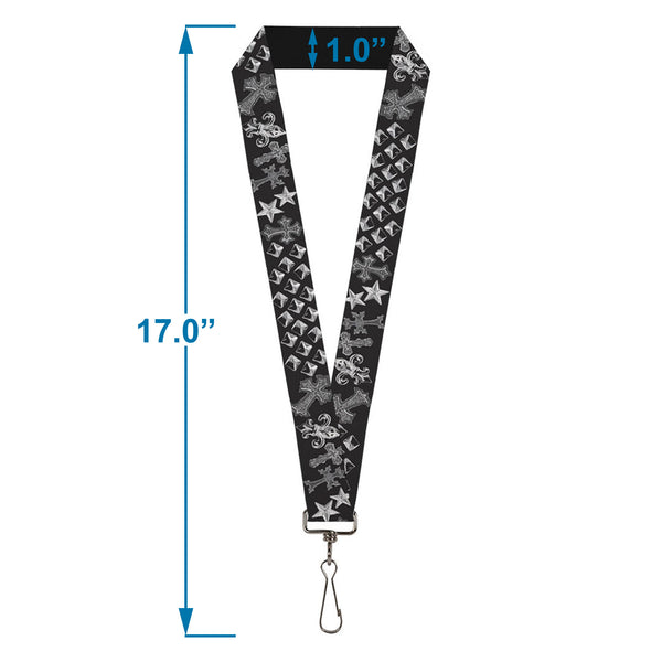 Buckle-Down Lanyard - 1.0" - Elegant Crosses Stars Studs Black Grays