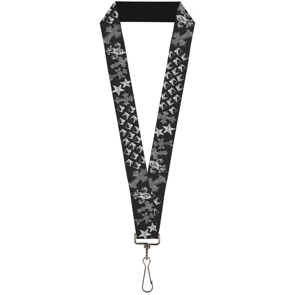 Buckle-Down Lanyard - 1.0" - Elegant Crosses Stars Studs Black Grays