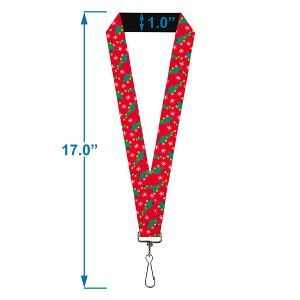 Buckle-Down Lanyard - 1.0" - Festive Holiday Christmas Trees Scattered Red/Multi Color