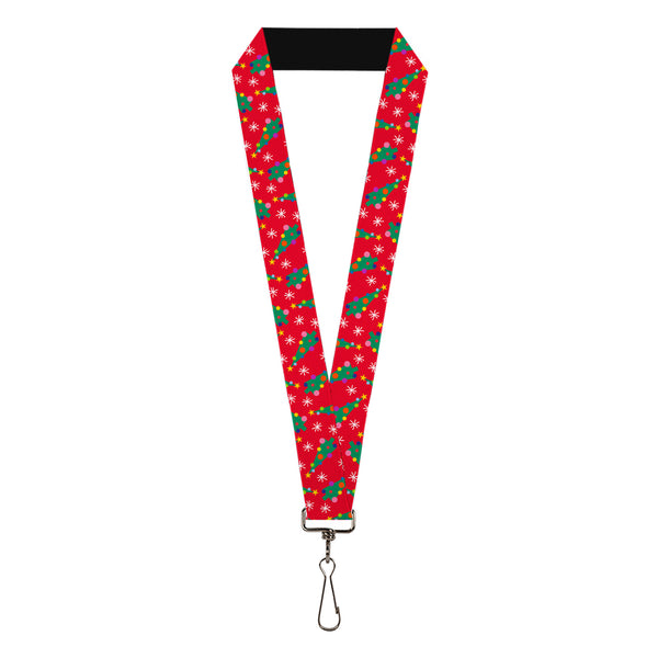 Buckle-Down Lanyard - 1.0" - Festive Holiday Christmas Trees Scattered Red/Multi Color