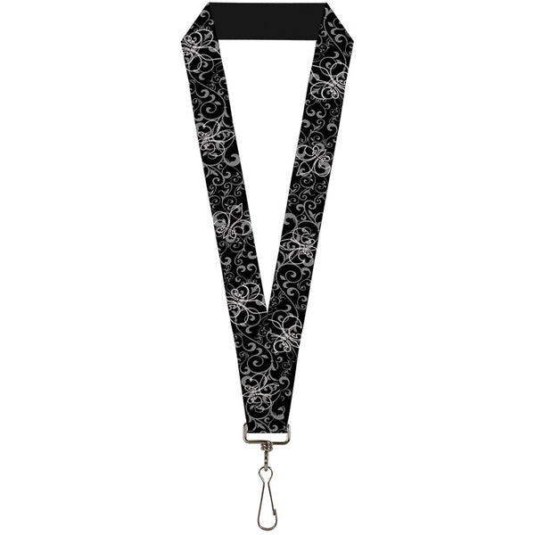 Buckle-Down Lanyard - 1.0" - Fleur-de-Lis Outline w Filigree Black Gray