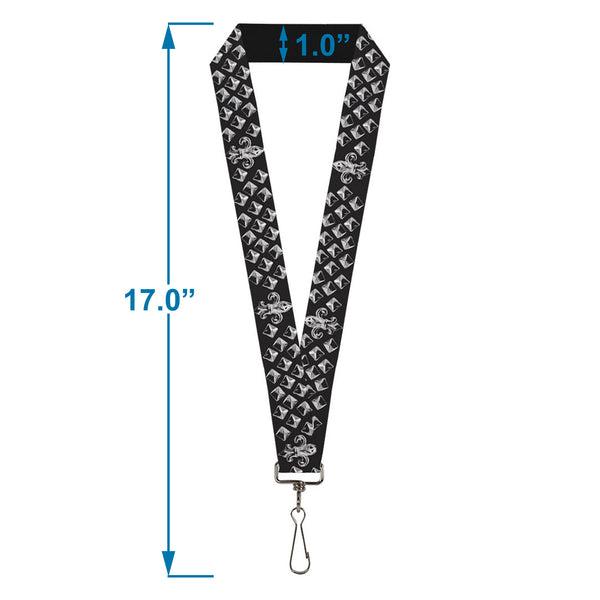 Buckle-Down Lanyard - 1.0" - Fleur-de-Lis Studs Black Grays