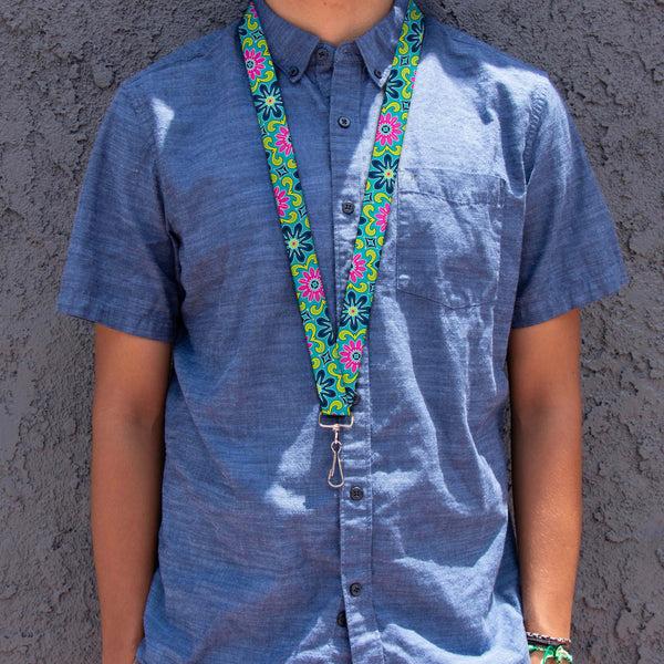 Buckle-Down Lanyard - 1.0" - Floral Burst Turquoise Blues Pinks Yellow Green
