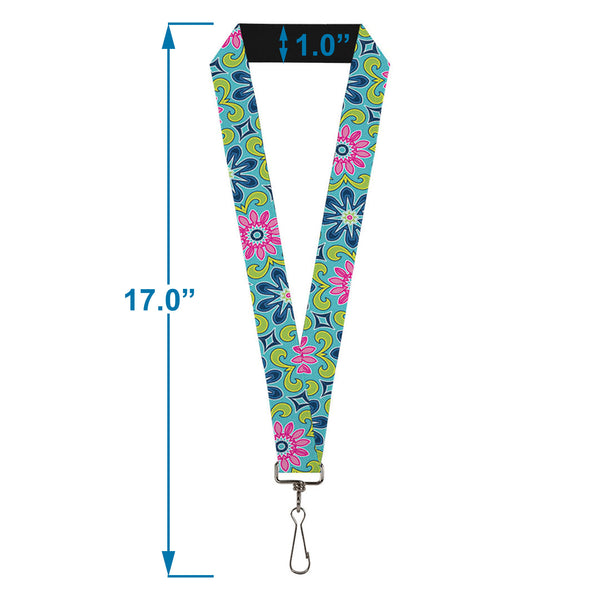 Buckle-Down Lanyard - 1.0" - Floral Burst Turquoise Blues Pinks Yellow Green