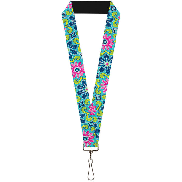 Buckle-Down Lanyard - 1.0" - Floral Burst Turquoise Blues Pinks Yellow Green