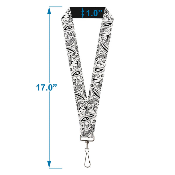 Buckle-Down Lanyard - 1.0" - Floral Paisley3 White Black