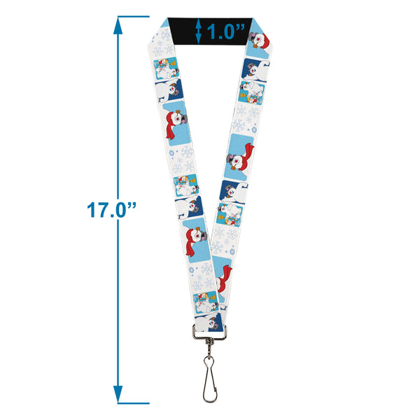 Buckle-Down Lanyard - 1.0" - Frosty The Snowman Pose Blocks And Snowflakes White/Blue