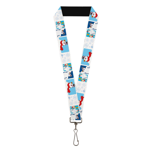 Buckle-Down Lanyard - 1.0" - Frosty the Snowman Pose Blocks and Snowflakes White/Blue