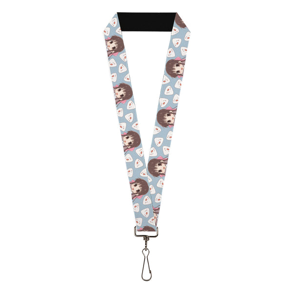 Buckle-Down Lanyard - 1.0" - Fruits Basket Chibi Tohru Honda and Rice Ball Scattered Light Blue