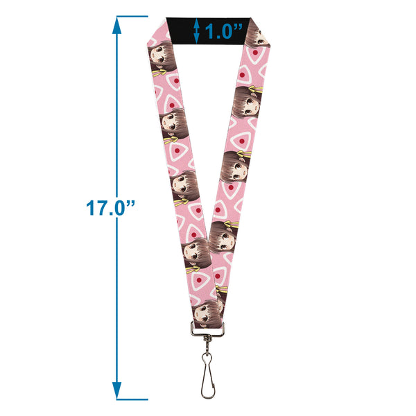 Buckle-Down Lanyard - 1.0" - Fruits Basket Chibi Tohru Honda Face And Kimono Rice Ball Icon Pink/White/Red