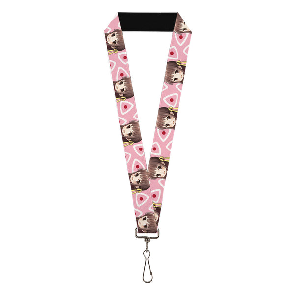 Buckle-Down Lanyard - 1.0" - Fruits Basket Chibi Tohru Honda Face and Kimono Rice Ball Icon Pink/White/Red