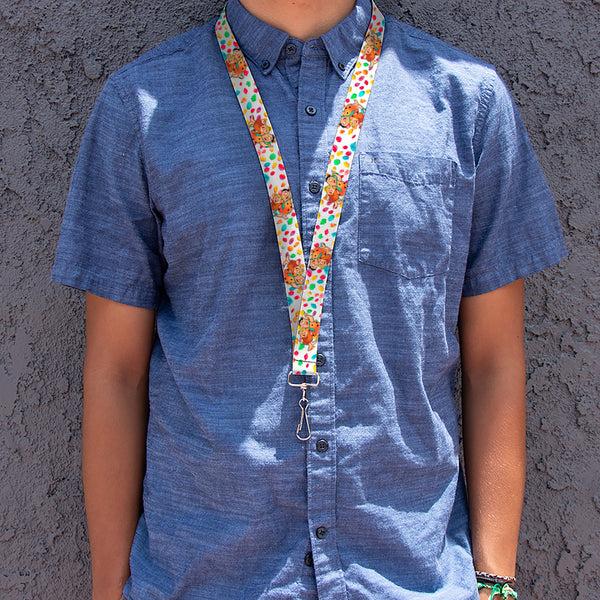 Buckle-Down Lanyard - 1.0" - Fruity Pebbles Fred Flintstone And Barney Rubble Hugging Pose And Cereal Pebbles Scattered White/Multi Color