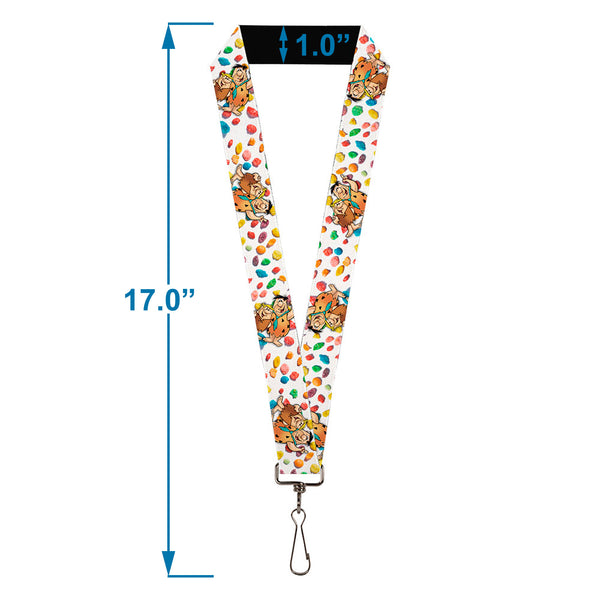 Buckle-Down Lanyard - 1.0" - Fruity Pebbles Fred Flintstone And Barney Rubble Hugging Pose And Cereal Pebbles Scattered White/Multi Color