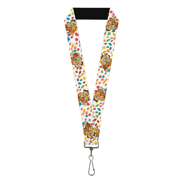 Buckle-Down Lanyard - 1.0" - Fruity Pebbles Fred Flintstone and Barney Rubble Hugging Pose and Cereal Pebbles Scattered White/Multi Color