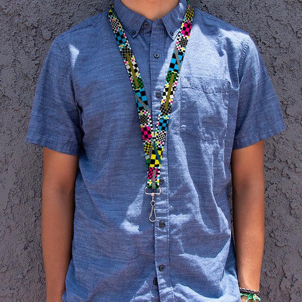 Buckle-Down Lanyard - 1.0" - Funky Checkers Black White Neon