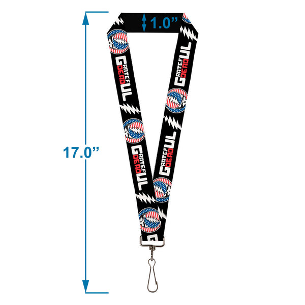 Buckle-Down Lanyard - 1.0" - GRATEFUL DEAD Text With Steal Your Face Stars And Stripes Logo Black/White/Red/Blue