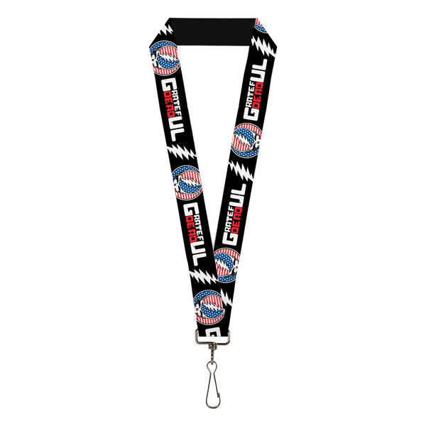 Buckle-Down Lanyard - 1.0" - GRATEFUL DEAD Text with Steal Your Face Stars and Stripes Logo Black/White/Red/Blue