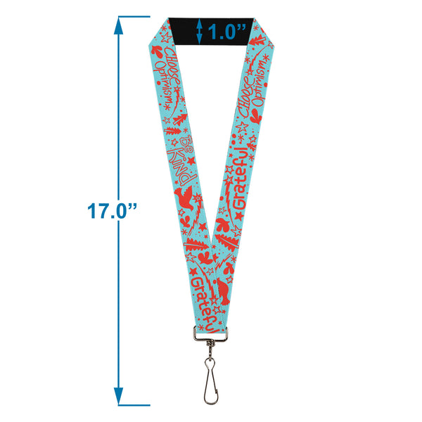 Buckle-Down Lanyard - 1.0" - GRATEFUL OPTIMISM BE KIND Icons Collage Blue/Red