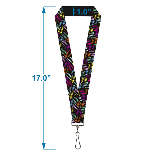 Buckle-Down Lanyard - 1.0" - Halftone Blocks Charcoal Pinks Greens Orange Yellow