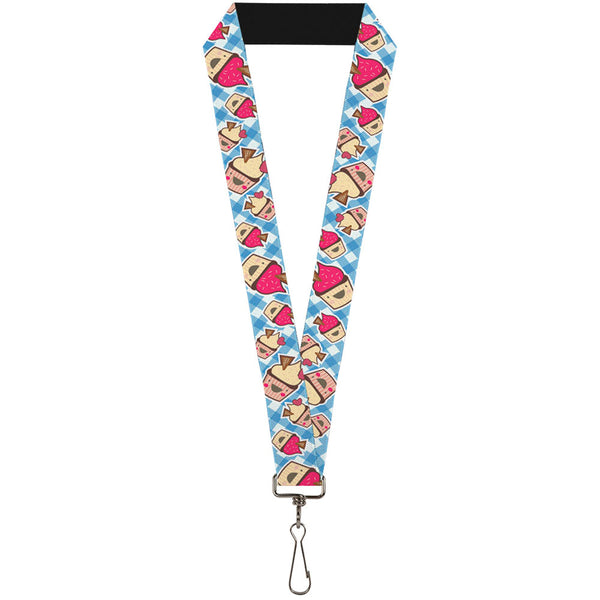 Buckle-Down Lanyard - 1.0" - Happy Cupcakes Buffalo Plaid White Blue