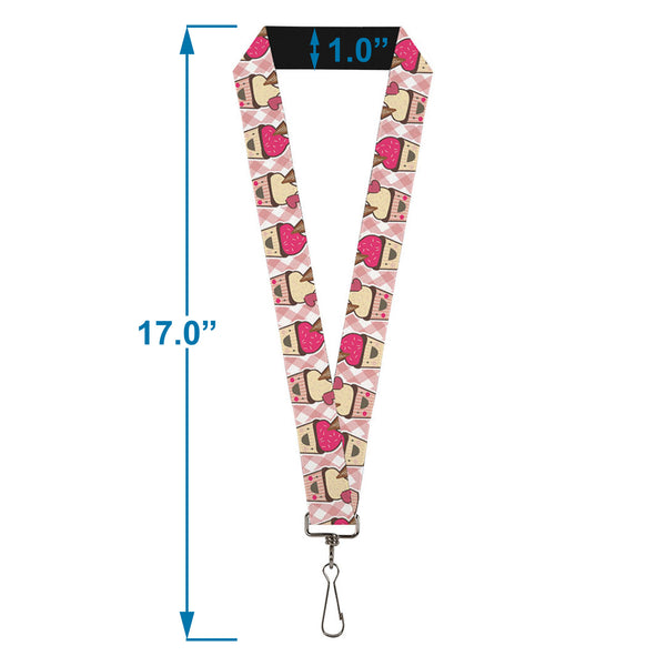 Buckle-Down Lanyard - 1.0" - Happy Cupcakes Buffalo Plaid White Pink