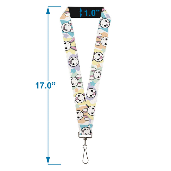 Buckle-Down Lanyard - 1.0" - Happy Sad Bunnies & Stars White Pastel
