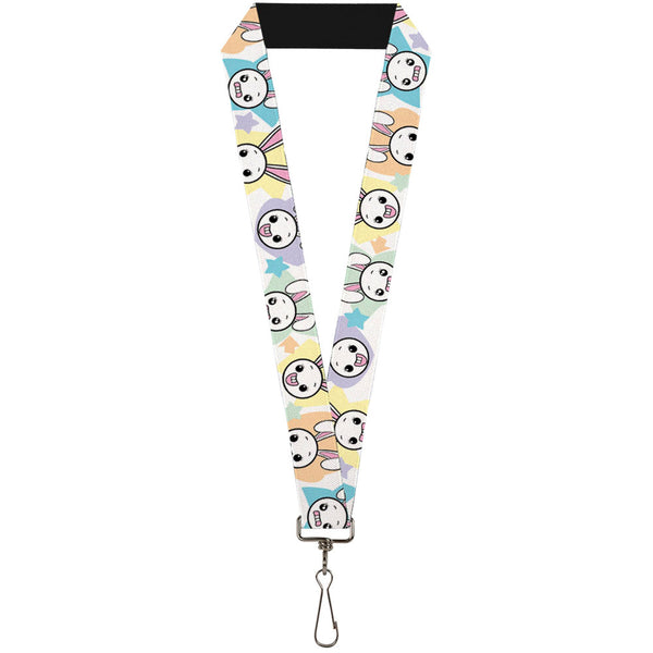 Buckle-Down Lanyard - 1.0" - Happy Sad Bunnies & Stars White Pastel