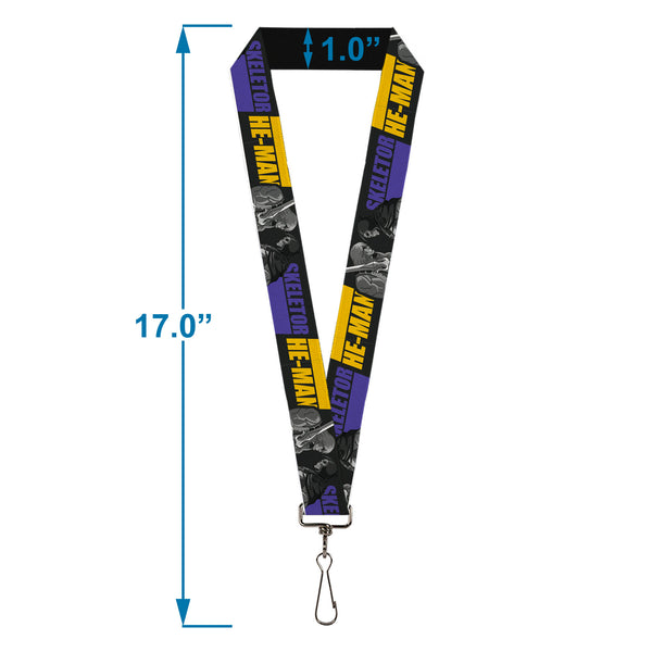Buckle-Down Lanyard - 1.0" - HE-MAN And SKELETOR Face Off Pose And Text Black/Grays/Blue/Yellow