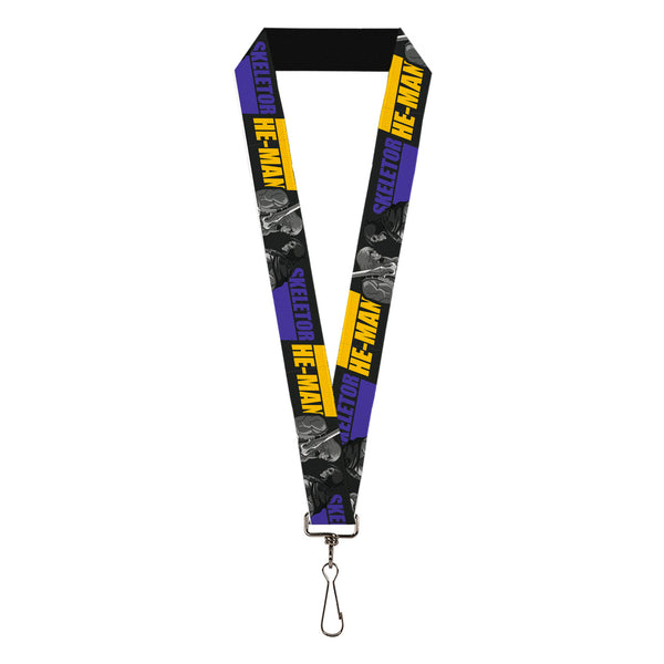 Buckle-Down Lanyard - 1.0" - HE-MAN and SKELETOR Face Off Pose and Text Black/Grays/Blue/Yellow