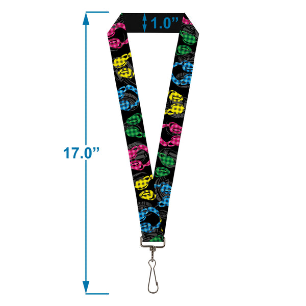 Buckle-Down Lanyard - 1.0" - Headphones Buffalo Plaid Black Neon