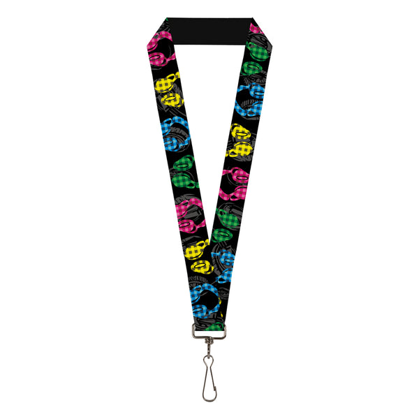 Buckle-Down Lanyard - 1.0" - Headphones Buffalo Plaid Black Neon