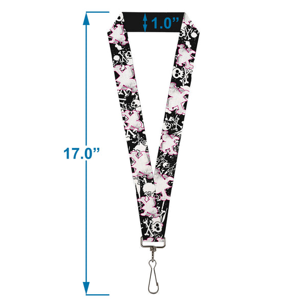 Buckle-Down Lanyard - 1.0" - Heart & Cross Bones W Skulls & Splatter Black White