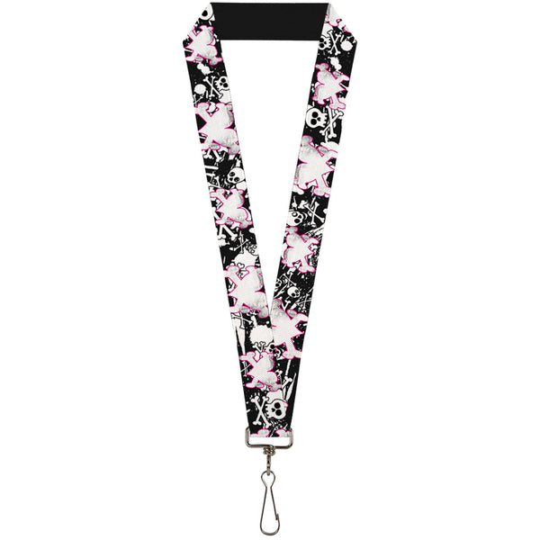 Buckle-Down Lanyard - 1.0" - Heart & Cross Bones w Skulls & Splatter Black White